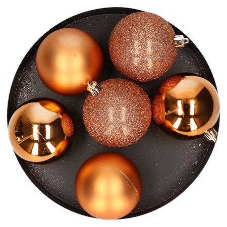 6x Copper Christmas baubles 8 cm plastic matte/shiny