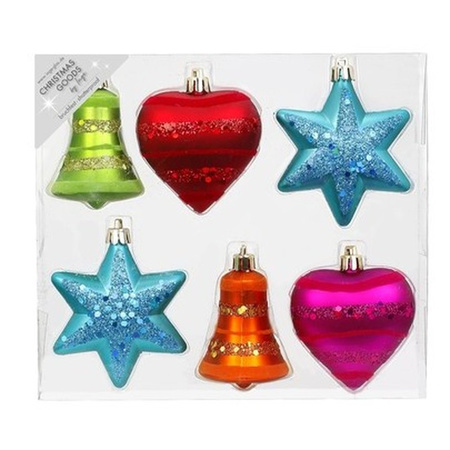 6x Plastic Christmas tree hangers/balls assorment colored 9 cm