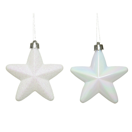 6x Pearl white stars Christmas baubles 7 cm plastic glitter