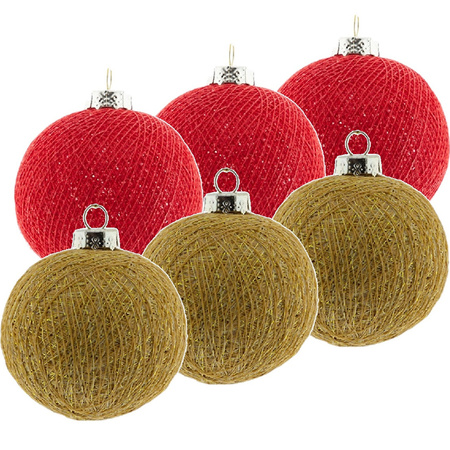 6x Rode en gouden kerstballen 6,5 cm Cotton Balls kerstboomversiering