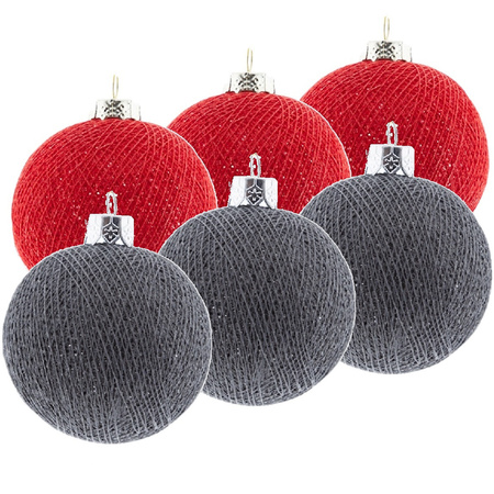 6x Rode en grijze kerstballen 6,5 cm Cotton Balls kerstboomversiering