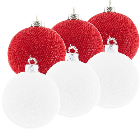 6x Red/white Cotton Balls christmasballs 6,5 cm christmastree decoration