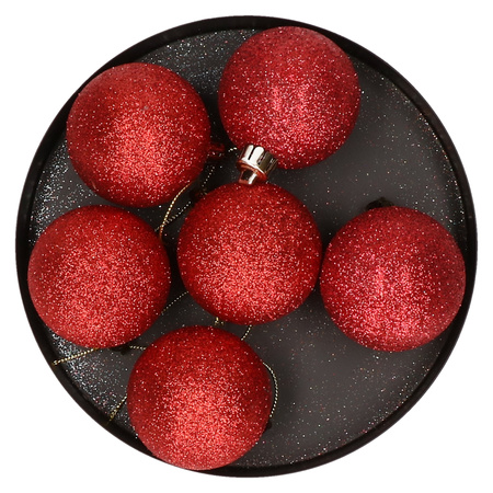 6x Red glitter Christmas baubles 6 cm plastic