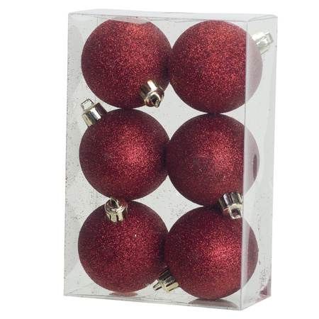 6x Red glitter Christmas baubles 6 cm plastic