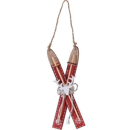 6x Red wooden skis Christmas tree decoration 17 cm