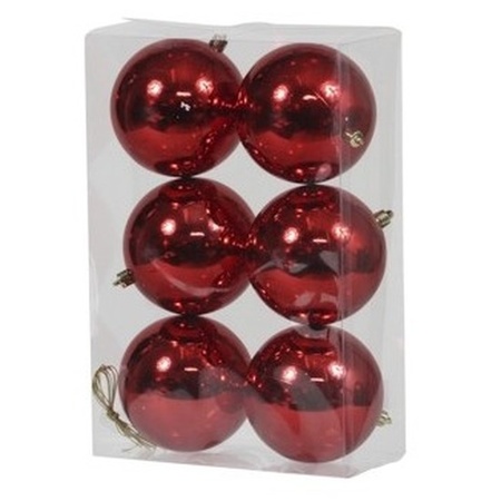 6x Red Christmas baubles shiny 10 cm plastic 
