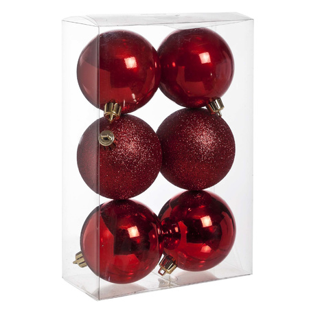 6x Red Christmas baubles 8 cm plastic matte/shiny/glitter