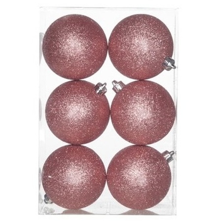 6x Pink glitter Christmas baubles 8 cm plastic