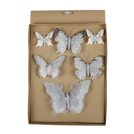 6x Decoration grey butterflies on clips 5, 8, 12 cm