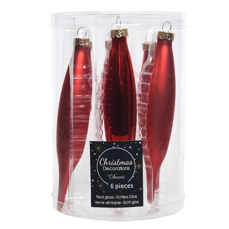 6x pcs glass christmas decoration icicles red 15 cm