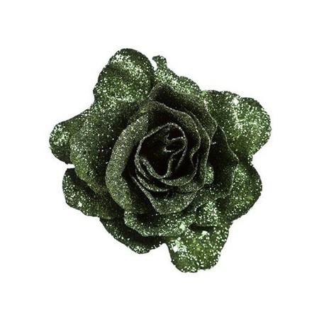 6x stuks groene rozen met glitters op clip 10 cm - kerstversiering