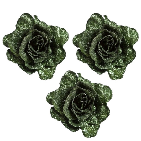 6x pieces green roses with glitter on clip 10 cm