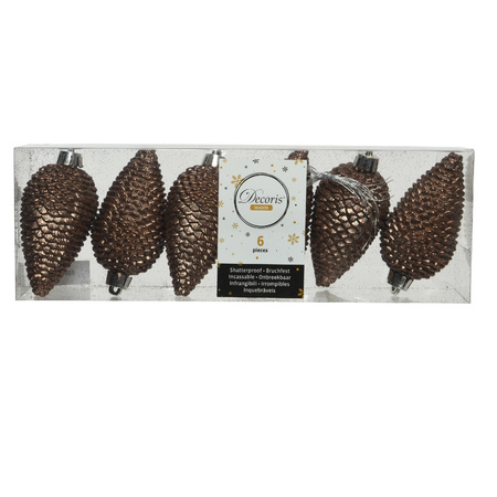 6x Glitter pinecones walnut brown plastic tree hangers 8 cm