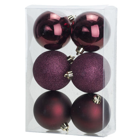 6x pcs plastic christmas baubles aubergine pink 8 cm matte/shiny/glitter