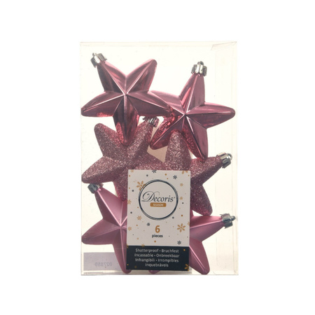 6x Plastic stars christmas tree hangers lipstick pink 7 cm