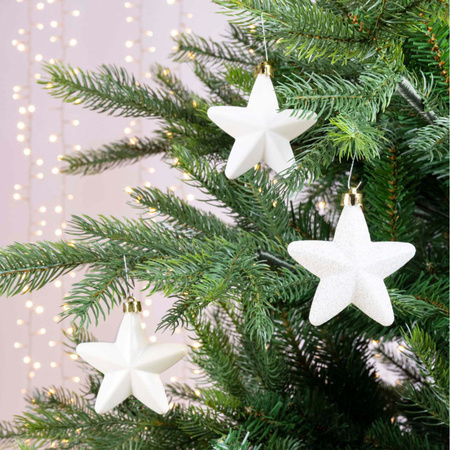 6x Plastic stars christmas tree hangers wool white 7 cm