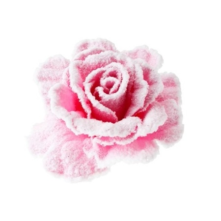 6x pieces pastel pink roses with snow on clip 10 cm
