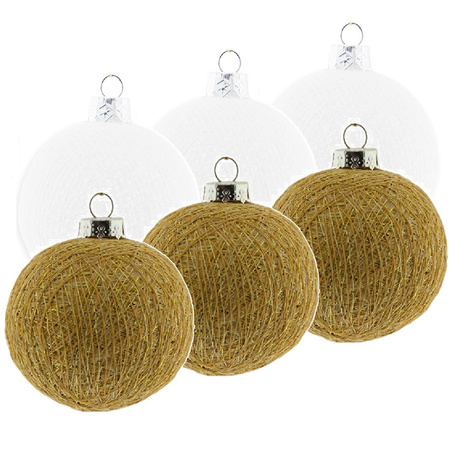 6x White/gold Cotton Balls christmasballs 6,5 cm christmastree decoration