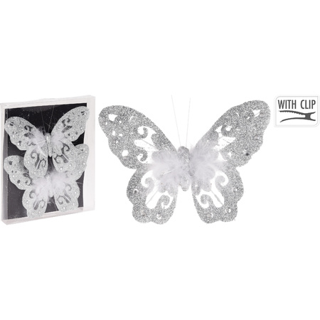 6x Silver decoration butterflies on clip 14 cm