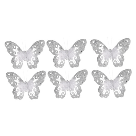 6x Silver decoration butterflies on clip 14 cm