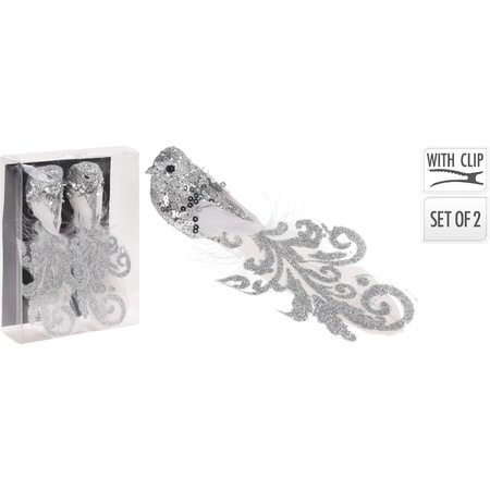 6x Zilveren decoratie vogels/vogeltjes op clip 15 cm