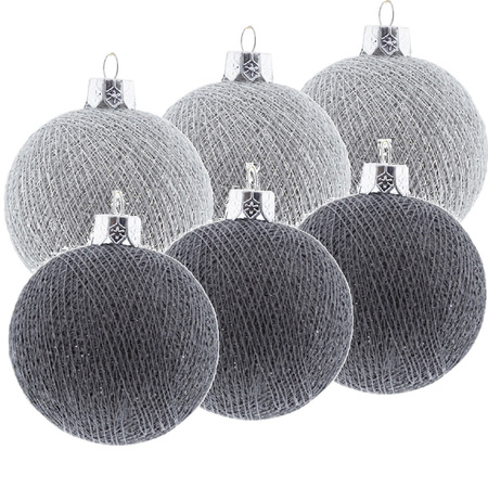 6x Zilveren en grijze kerstballen 6,5 cm Cotton Balls kerstboomversiering