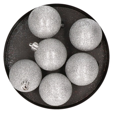 6x Zilveren glitter kerstballen 8 cm kunststof