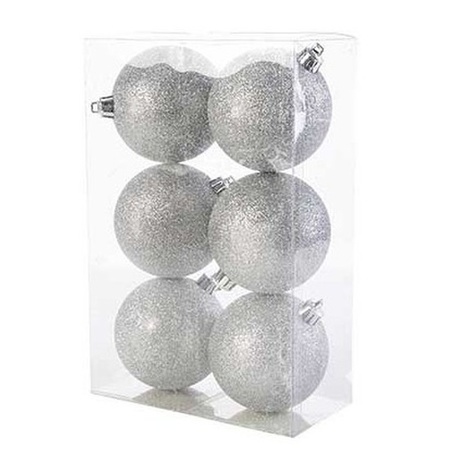 6x Silver glitter Christmas baubles 8 cm plastic