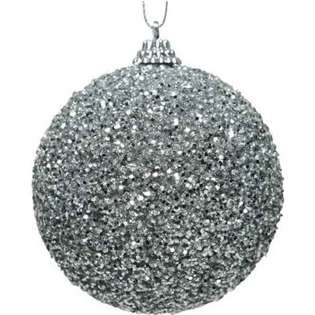 6x Silver glitter beads Christmas baubles 8 cm plastic
