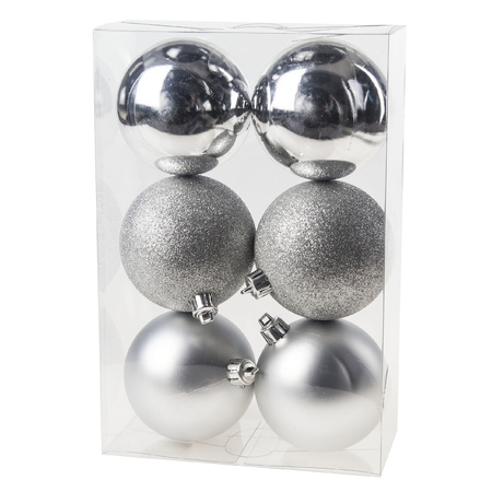 6x Silver Christmas baubles 8 cm plastic matte/shiny/glitter
