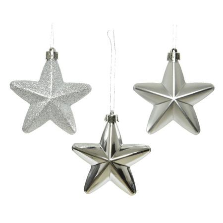 6x Silver stars Christmas baubles 7 cm plastic glitter
