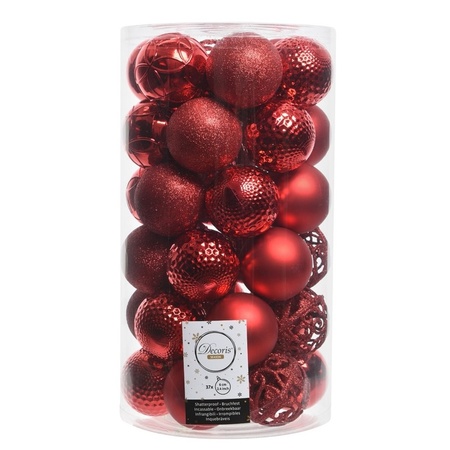74x Christmas red Christmas baubles 6 cm plastic mix