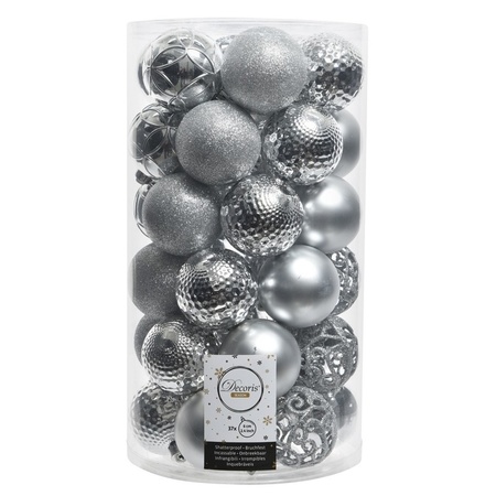 74x Silver Christmas baubles 6 cm plastic mix