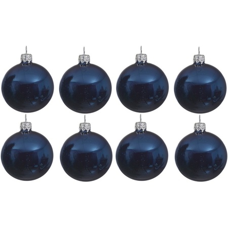 8x Donkerblauwe glazen kerstballen 10 cm glans