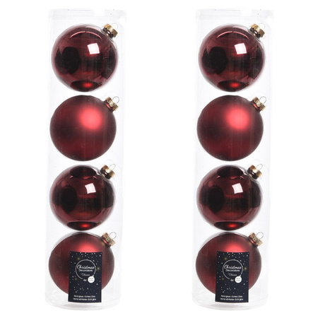 8x Dark red glass Christmas baubles 10 cm shiny and matte