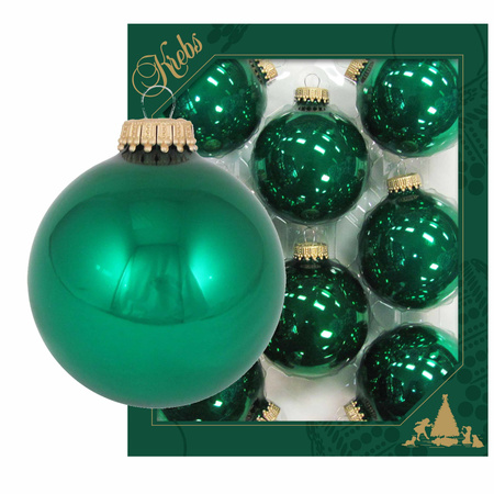8x Emerald green glass christmas baubles shiny 7 cm