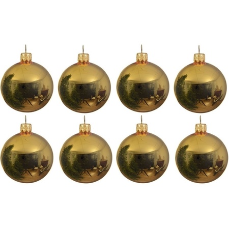 8x Gold glass Christmas baubles 10 cm shiny
