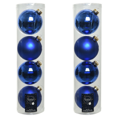 8x Royal blue glass Christmas baubles 10 cm shiny and matte