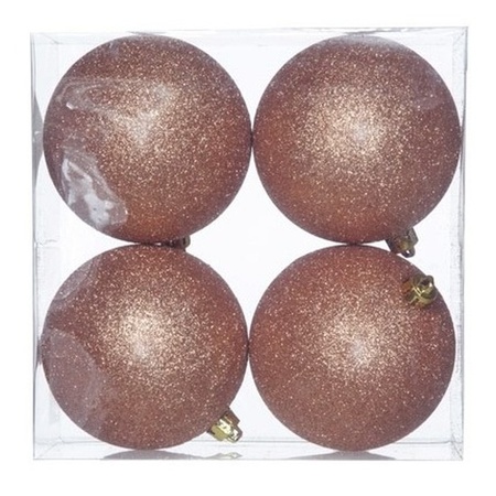 8x Copper glitter Christmas baubles 10 cm plastic