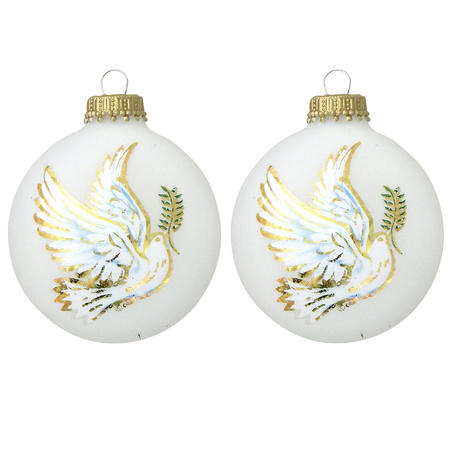 8x Luxury white glass christmas baubles with peace dove 7 cm
