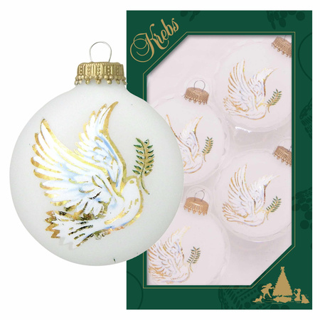 8x Luxe witte glazen kerstballen met vrede duif 7 cm