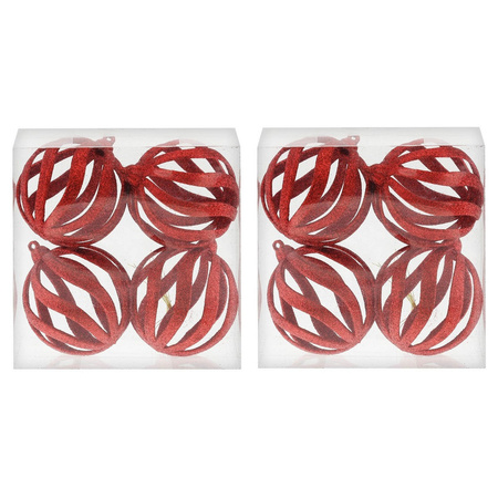 8x Red open wire christmas baubles with glitter 8 cm