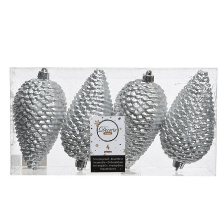8x Silver pinecones Christmas baubles 12 cm plastic glitter