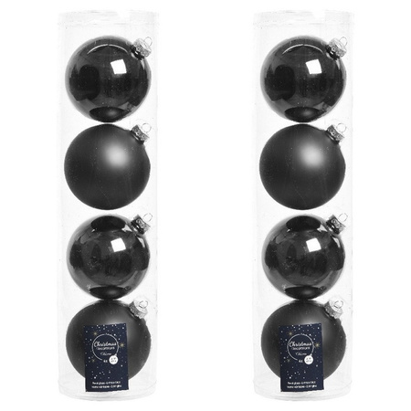 8x Black glass Christmas baubles 10 cm shiny and matte