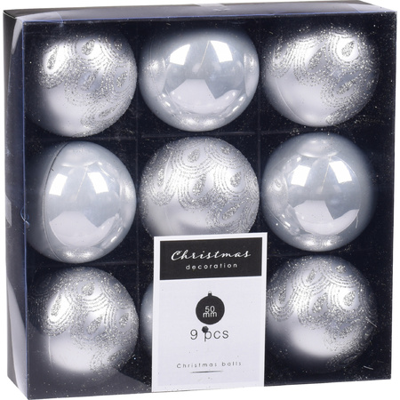 9x Christmas tree decoration luxury plastic baubles silver 5 cm