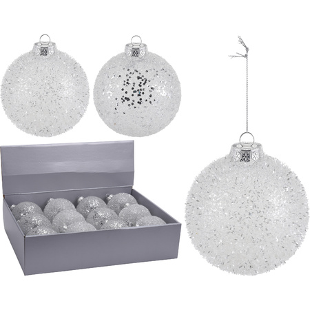 9x Zilveren glitter kerstballen kunststof 10 cm type 1