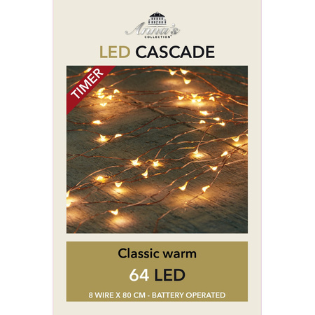 Cascade draadverlichting koperdraad 64 warm witte lampjes op batterij