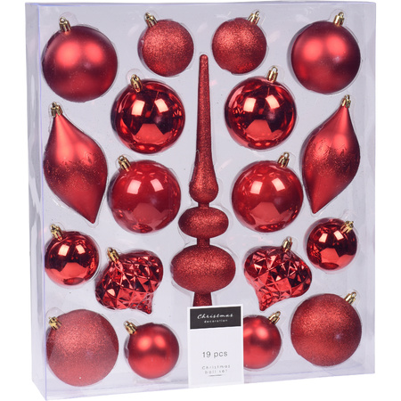 Compleet kerstballenpakket rode kunststof kerstballen met piek 19-delig