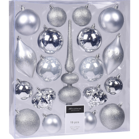 Compleet kerstballenpakket zilveren kunststof kerstballen met piek 19-delig