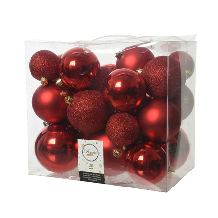 Decoris kerstballen - 26x st - rood - 6, 8 en 10 cm - kunststof - kerstversiering
